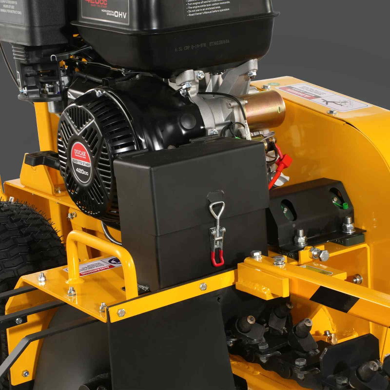Close-up of MechMaxx 420cc E-Start trencher engine and control box with yellow frame, gallery position 1