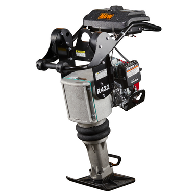 Gas-powered compaction rammer with black handlebar, gray body, and flat metal footplate, viewed from front angle