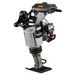 Gas-powered compaction rammer with black handlebar, gray body, and flat metal footplate, viewed from front angle
