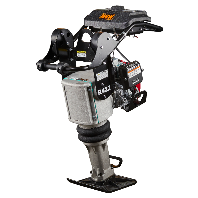 Gas-powered compaction rammer with black handlebar, gray body, and flat metal footplate, viewed from front angle