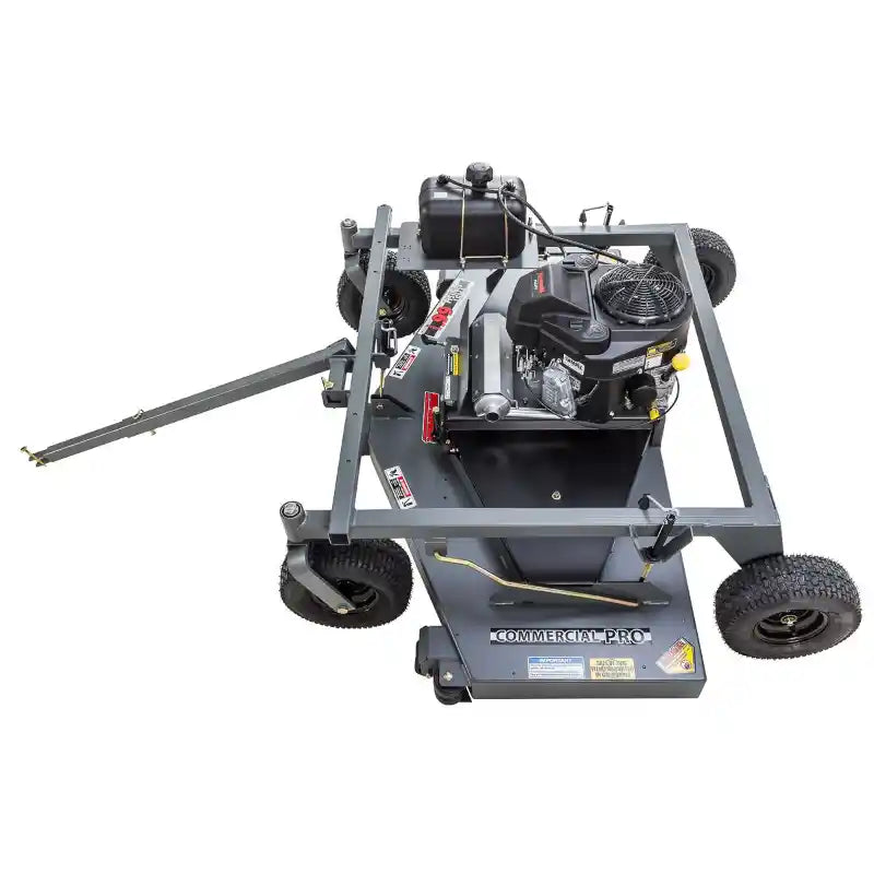 Swisher 66-inch tow-behind finish mower with Kawasaki engine, steel frame, fuel tank, and pneumatic tires, gallery position 1