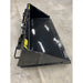 Black skid steer material bucket with smooth interior, reinforced edges, and yellow Stinger labels on concrete floor