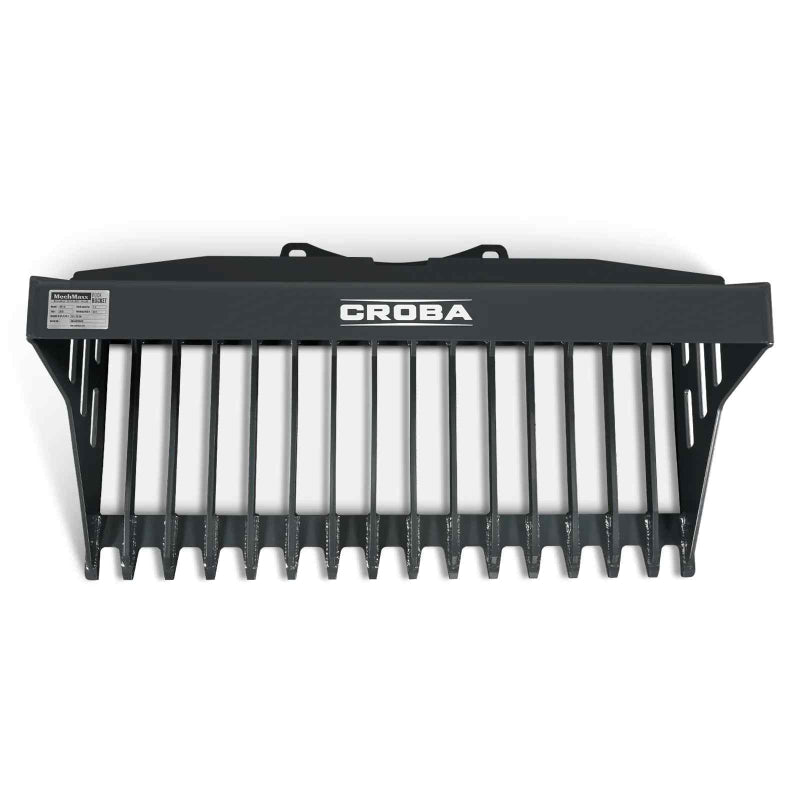 top-down view of black MechMaxx 44-inch mini skid steer rock bucket with 3-inch tine spacing gallery 1