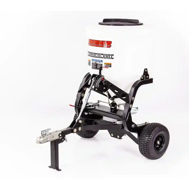 Swisher 52-Gallon tow-behind spreader with white hopper, black frame, pneumatic tires, and trailer hitch, gallery position 1