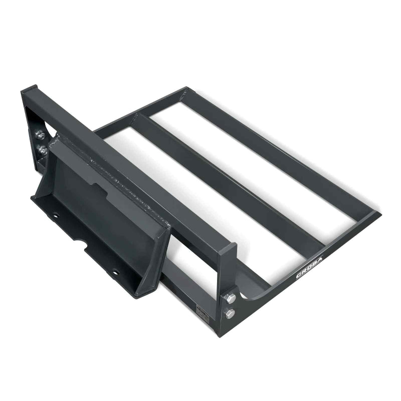 angled perspective of black 44-inch skid steer land leveler attachment frame showing mounting plate gallery position 1