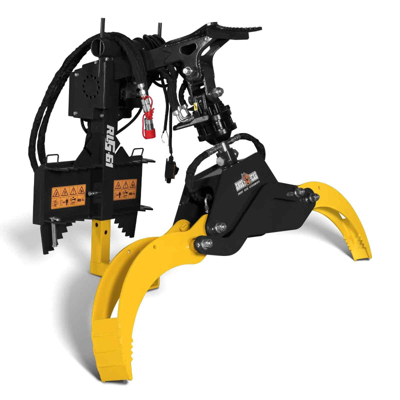 angled view of yellow and black MechMaxx hydraulic rotating log grapple for mini skid steer at gallery position 1