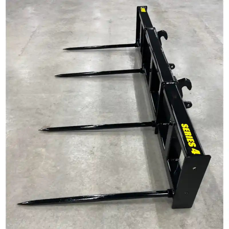 Black metal skid steer attachment with four long pointed tines labeled Series 4 on the side
