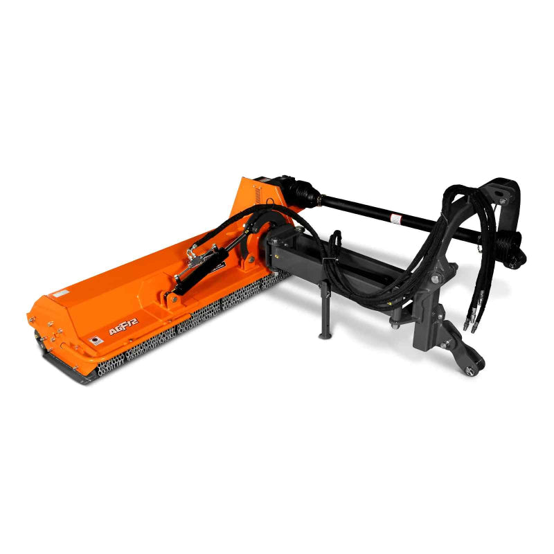 angled view of MechMaxx 72-inch 3-point PTO offset ditch bank flail mower at gallery position 1 with hydraulic lines visible