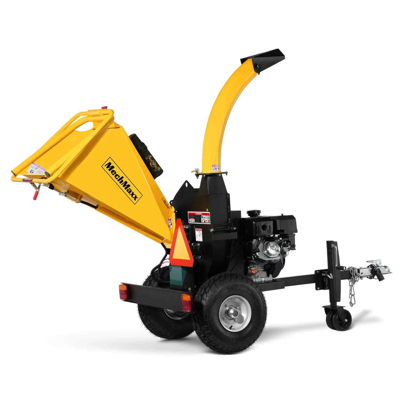 Side view of yellow MechMaxx 5 inch disc wood chipper with DUCAR 15 HP E-start gasoline engine gallery position 1