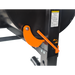 Close-up of black mixer drum with orange metal lever and adjustment handle mounted on steel frame