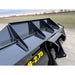 Close-up of black steel construction bucket attachment showing reinforced gussets and smooth welded edges outdoors