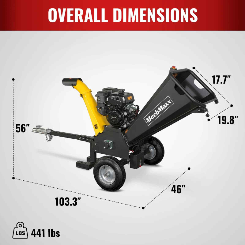 MechMaxx 5 inch Kohler 429cc wood chipper showing overall dimensions and weight, gallery position 1