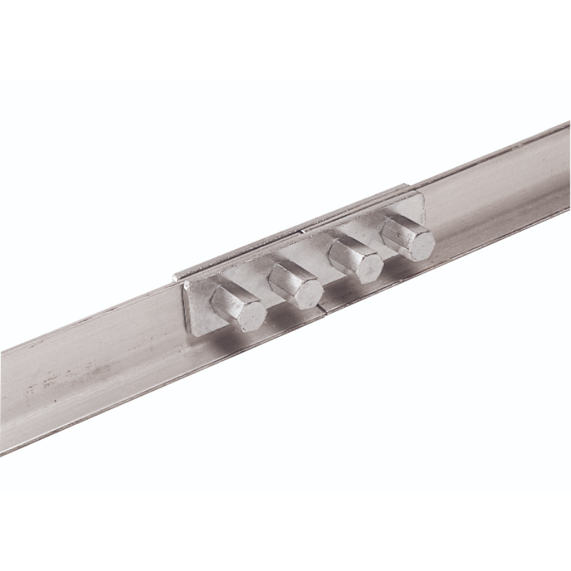 Close-up of metal fastener plate with four hexagonal bolts securing two aluminum truss screed sections, gallery position 1