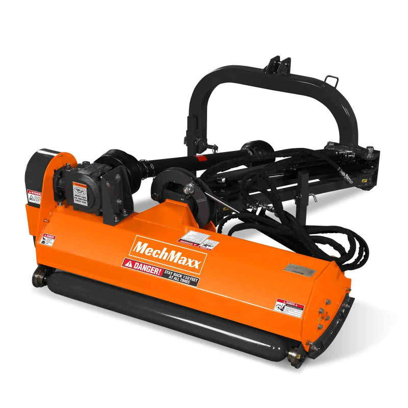 angled right front view of orange MechMaxx 48-inch standard 3 point offset flail ditch bank mower, gallery position 1