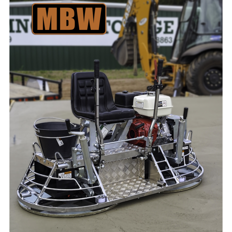 Walk-behind concrete power trowel with padded operator seat, dual control handles, and gasoline engine motor on smooth slab surface
