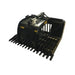 Black steel tractor rock grapple attachment with spaced curved tines and hydraulic hinge components on white background