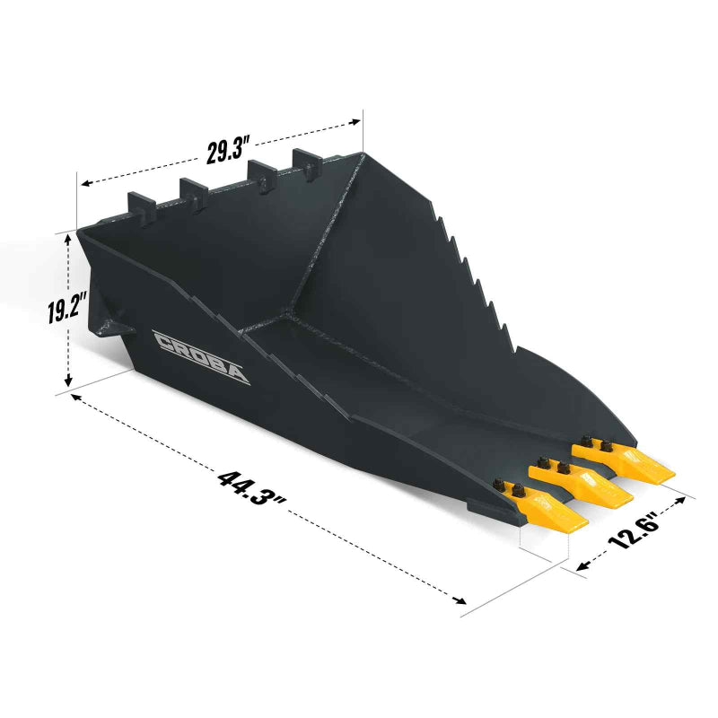angled shot of black mini skid steer stump bucket showing yellow cutting teeth and dimensional markings gallery 1