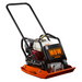 Plate compactor with orange base plate, black tubular frame, white engine cover, red pull start, and MBW logo panel on front