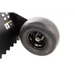 Close-up of smooth tire mounted on black rim with serrated blade edge and caution label, Swisher 48" Driveway Grader, gallery 1