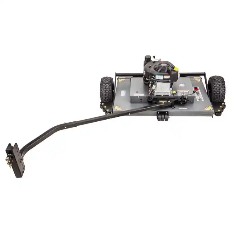 Swisher 44-inch finish cut mower with 11.5HP engine, tow-behind hitch, and wide rear pneumatic tires, gallery position 1