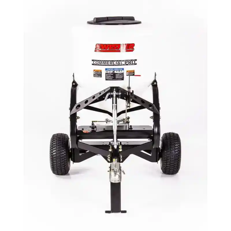 Front view of Swisher 52-Gallon Tow-Behind Spreader with white hopper, black steel frame, pneumatic tires, and tow hitch, gallery position 1