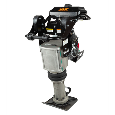 Gas-powered compaction rammer with black handle frame, silver body, and flat rectangular base plate viewed from front-left angle