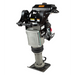 Gas-powered compaction rammer with black handle frame, silver body, and flat rectangular base plate viewed from front-left angle
