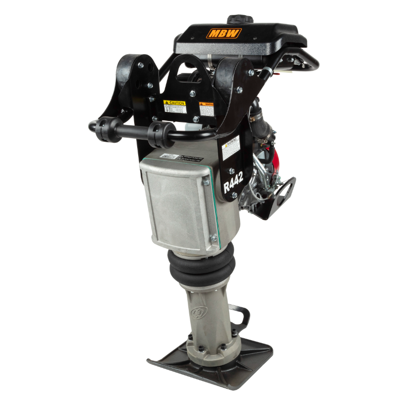 Gas-powered compaction rammer with black handle frame, silver body, and flat rectangular base plate viewed from front-left angle
