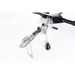 Close-up of tow hitch assembly with safety chain and swivel caster wheel on Swisher Drop Feeder, gallery position 1