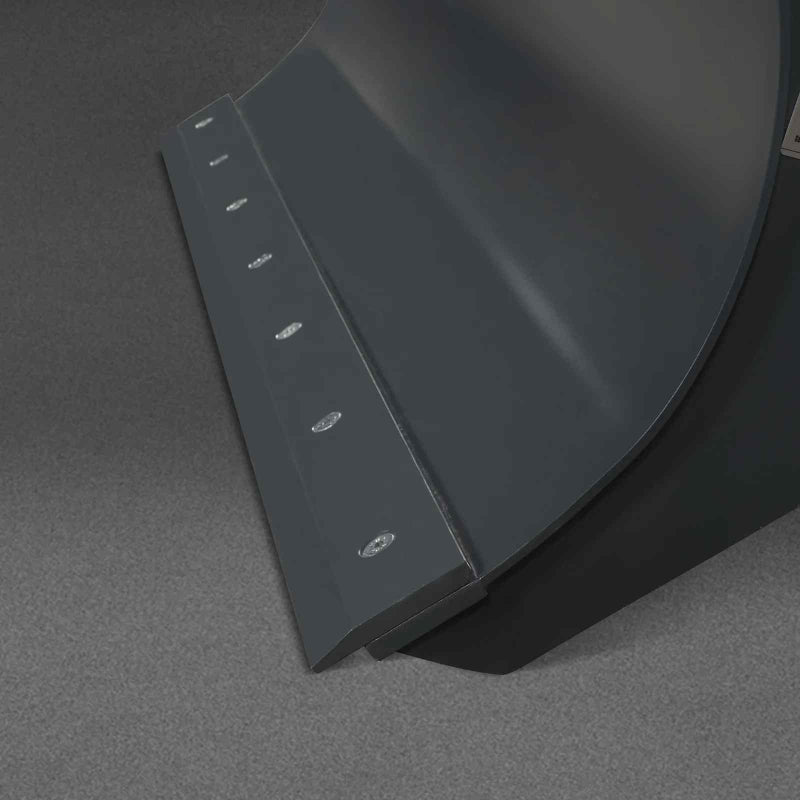 close-up angled view of cutting edge and blade thickness on black 57-inch hydraulic mini skid steer dozer blade gallery 1