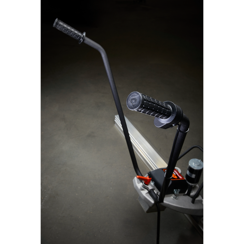 Close-up view of MBW WS500 ScreeDemon vibratory wet screed handles and control on concrete surface, gallery position 1