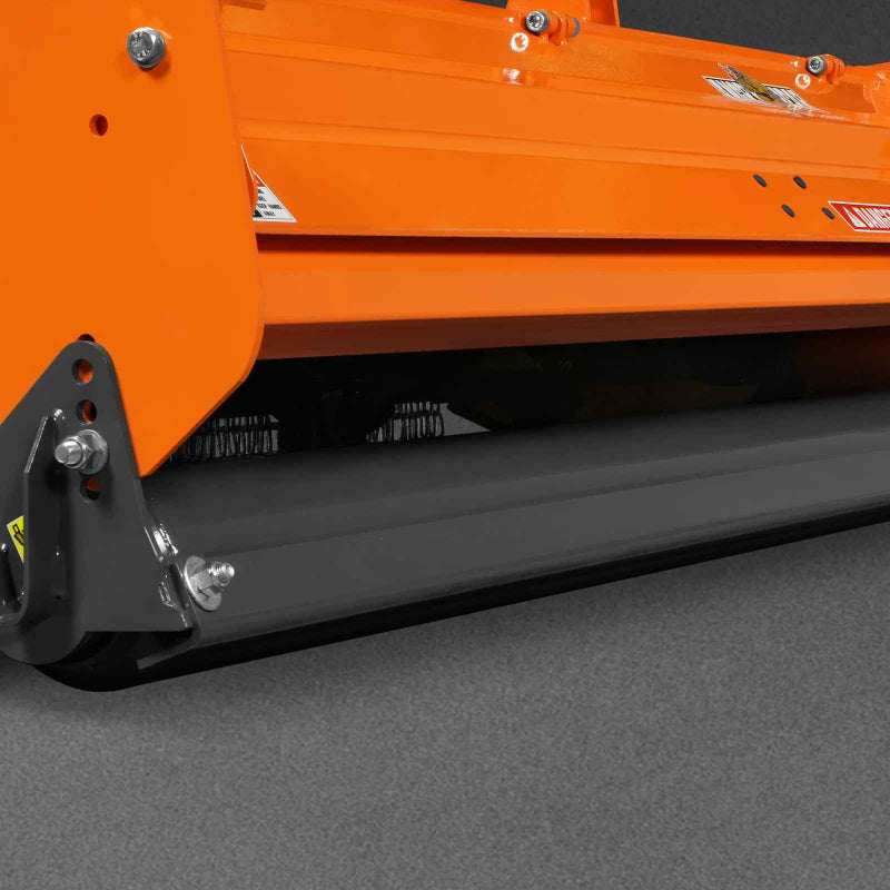 close-up side view of orange MechMaxx 72-inch PTO flail mower showing rear roller and frame at gallery position 1