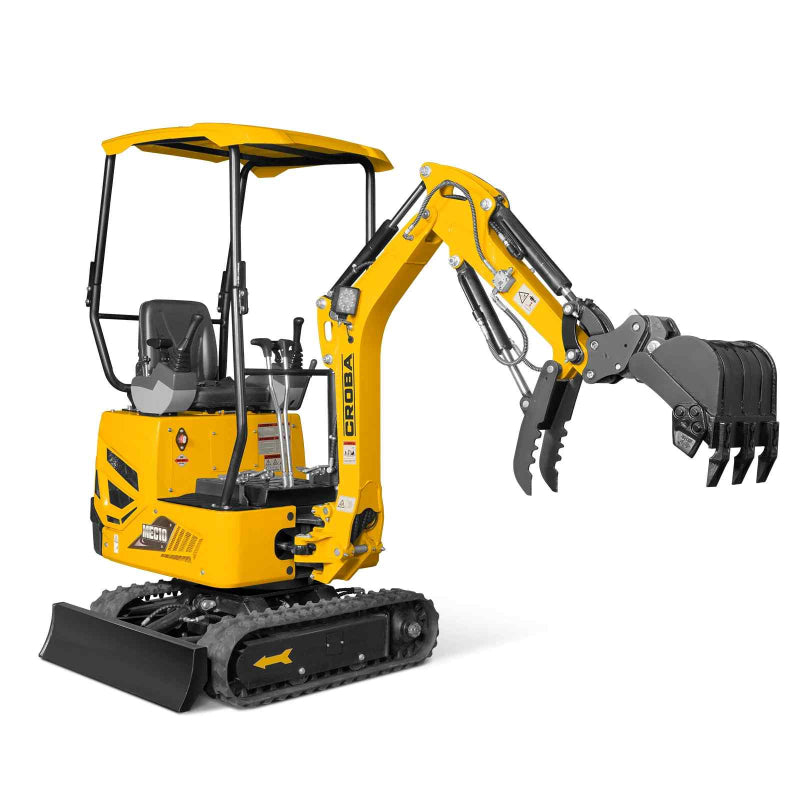 right angled view of yellow MechMaxx MEC10 mini excavator with digging bucket and canopy at gallery position 1