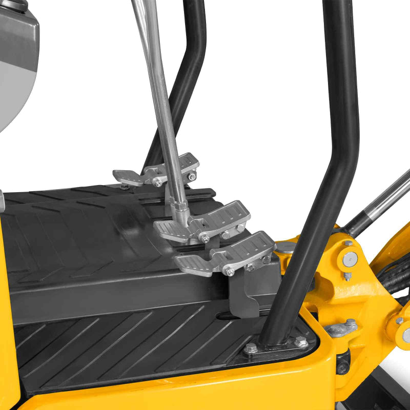 close-up of foot pedals, floor plate, and part of the operator frame on MechMaxx MEC10 mini excavator gallery position 1