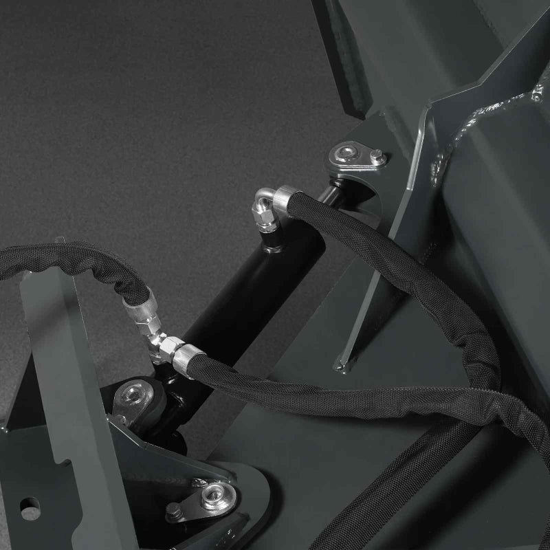 close-up of hydraulic cylinder and hose connections on gray 57-inch mini skid steer dozer blade gallery position 1