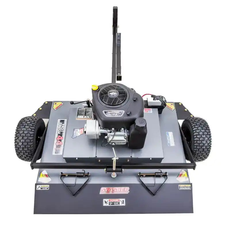 Swisher 44-inch finish mower with 11.5HP engine and tow bar, front overhead view, gallery position 1