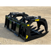 Black skid steer root grapple attachment with dual hydraulic arms, reinforced tines, and solid side panels on gravel surface
