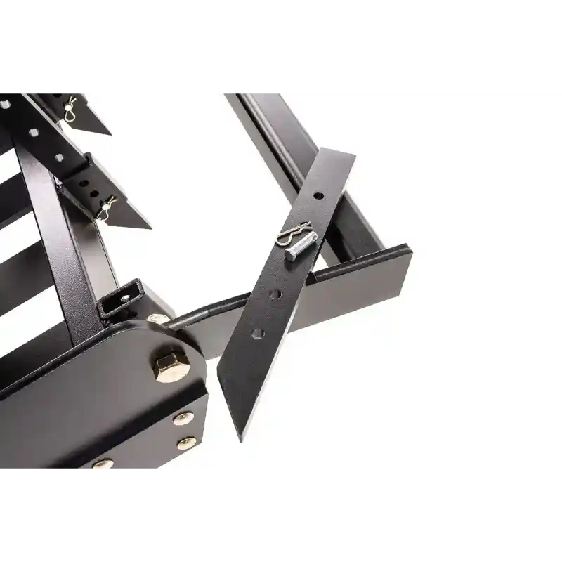 Close-up of Swisher 48-inch driveway grader blade adjustment arm with cotter pin and multiple mounting holes, gallery position 1