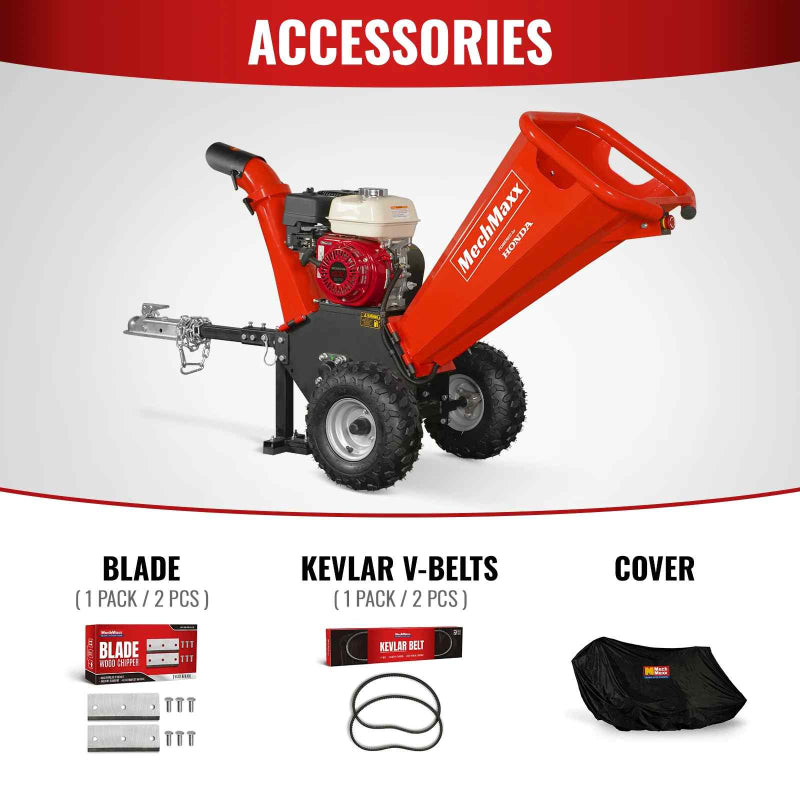 MechMaxx GS650 wood chipper with Honda GX200 engine, towbar, and images of replacement blades, Kevlar V-belts, and protective cover, gallery position 1