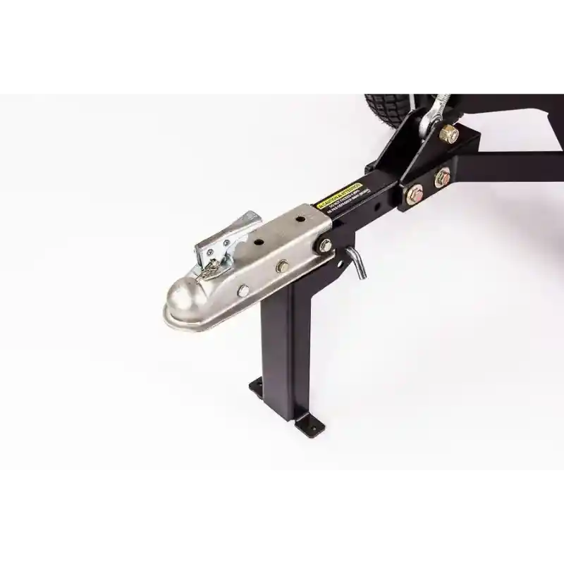 Close-up of tow hitch coupler with locking lever and adjustable steel support leg on Swisher 52-Gallon Tow-Behind Spreader, gallery 1.