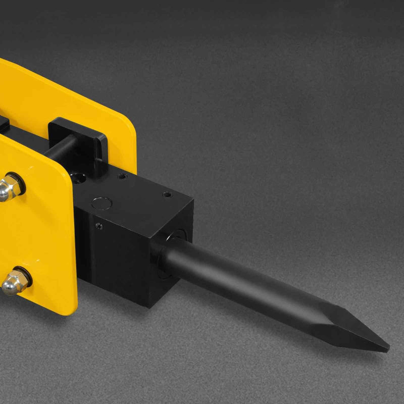 close-up angled view of black chisel bit and yellow mounting bracket on hydraulic mini skid steer breaker hammer gallery 1