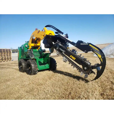 Gallery position 2 image of Stinger Attachments BF900 Bigfoot XD skid steer trencher on green skid steer with yellow arm