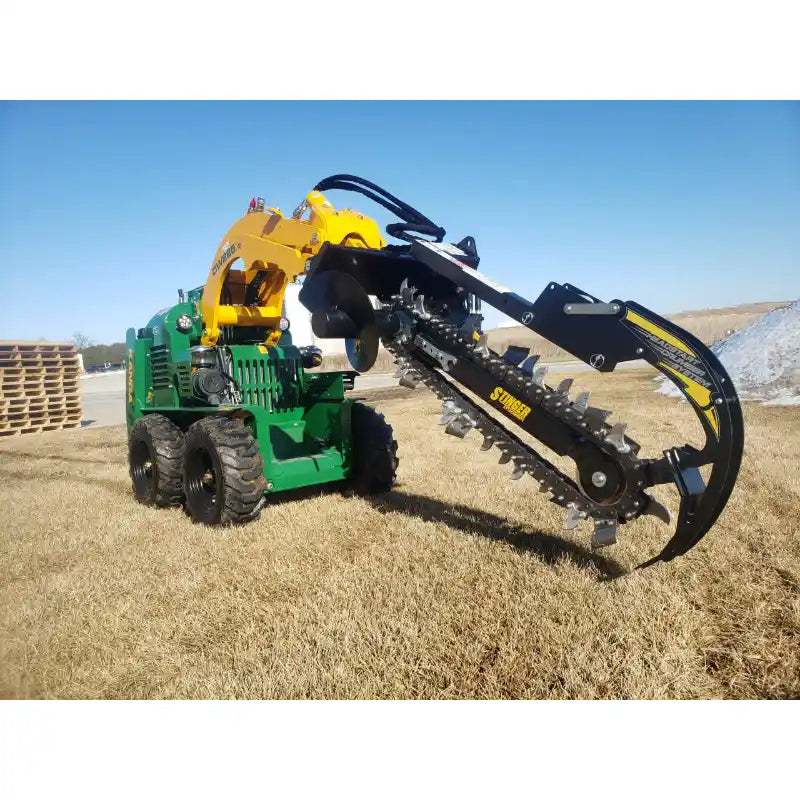 Gallery position 2 image of Stinger Attachments BF900 Bigfoot XD skid steer trencher on green skid steer with yellow arm