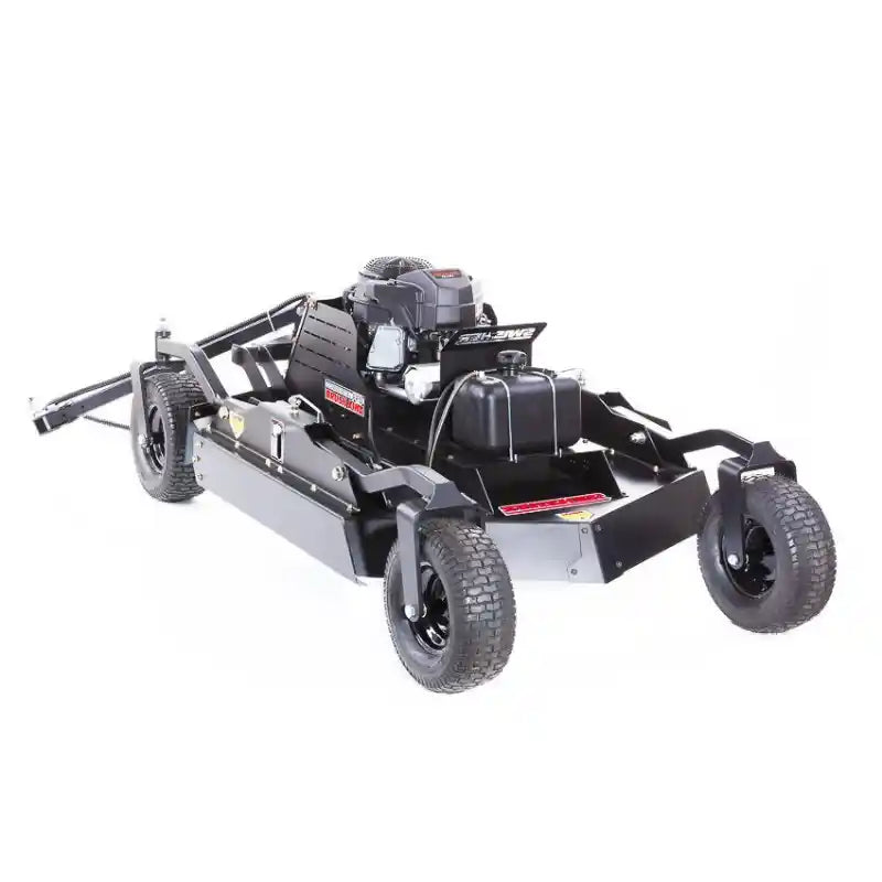 Front view of black Swisher 44" brush cutter with 14.5HP Kawasaki engine and 4-wheel mower deck, gallery position 1