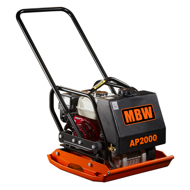 Plate compactor with orange base plate, black protective casing with orange MBW logo, and metal handle frame