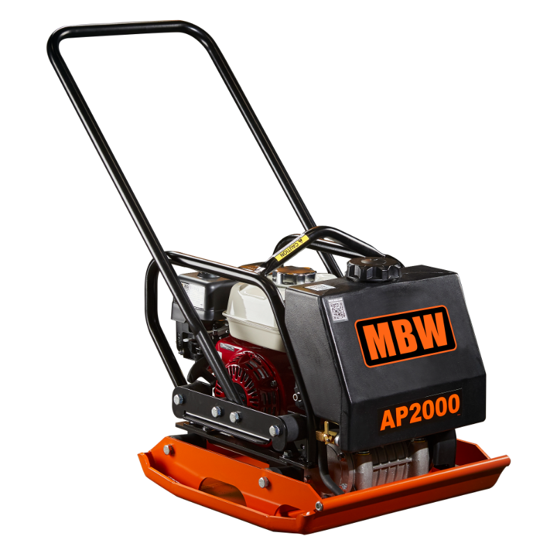 Plate compactor with orange base plate, black protective casing with orange MBW logo, and metal handle frame