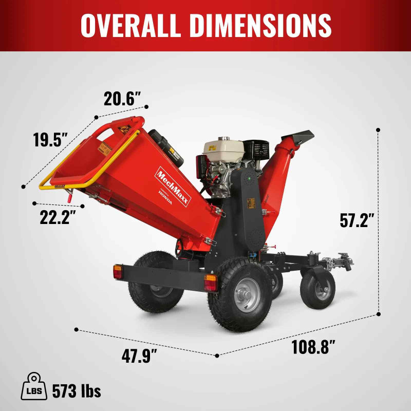 Side view of MechMaxx 6 inch Honda gas-powered drum wood chipper showing overall dimensions and weight details gallery position 1