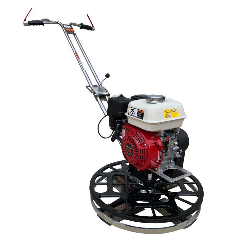Walk-behind power trowel with red and white GX engine, metal frame, and black circular trowel blades on white background