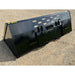 Black skid steer snow bucket attachment with rectangular ventilation slots and reinforced mounting plate on gravel surface