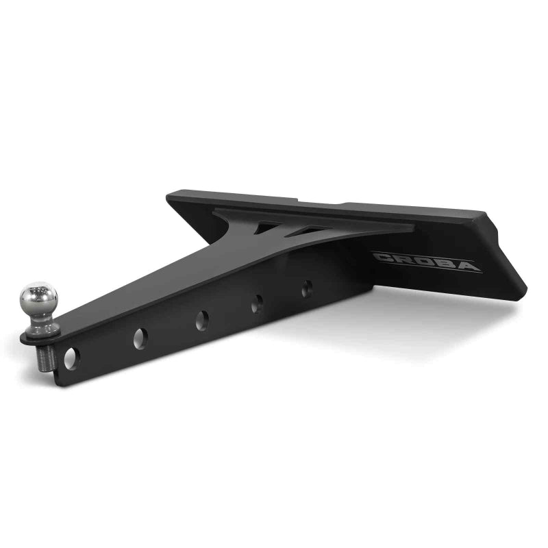 angled view of black MechMaxx 36-inch boom length mini skid steer lifting jib with 2-inch hitch ball gallery 1